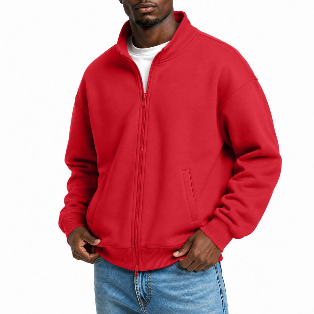 Men's Stand Collar Long Sleeve Zip-Up Sweatshirt with Two-Way Zipper for Spring and Fall