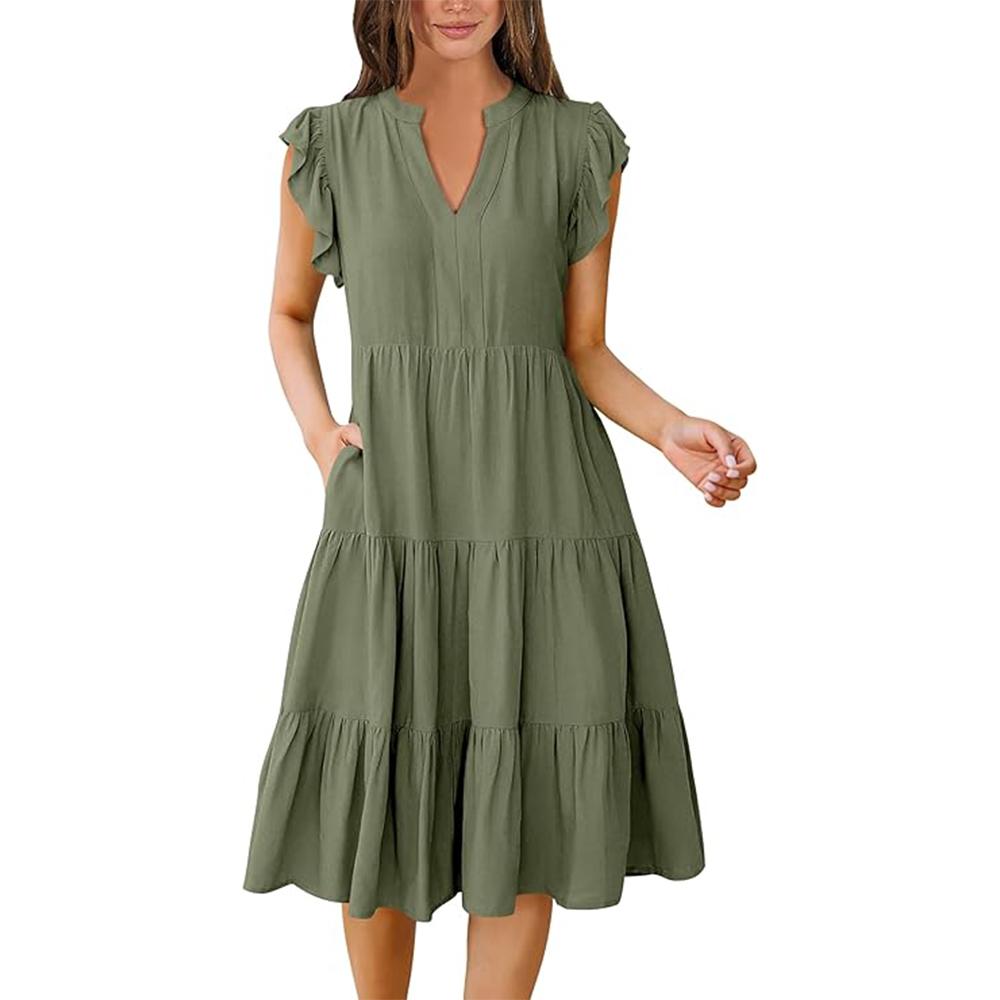 

Womens Summer Dress Ruffle Sleeve V Neck Midi Dresses Fashion Casual Fit Flowy Tiered Boho Beach Vacation Sundress S армия зеленый