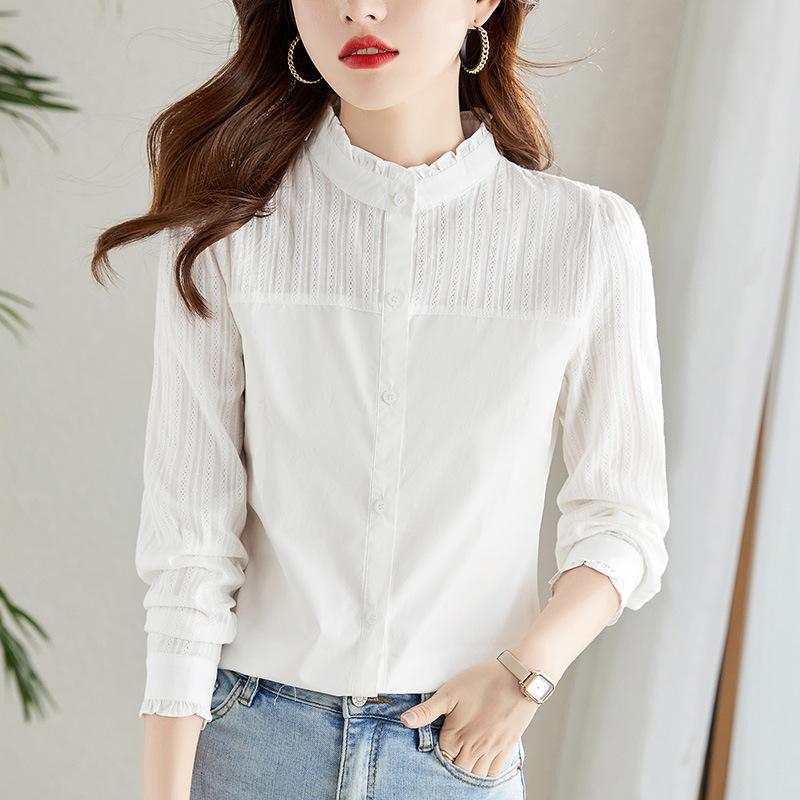 Black Fungus Collar White Shirt for Women Long-sleeved Spring Clothes New Slim Top Pure Cotton Casual Shirt