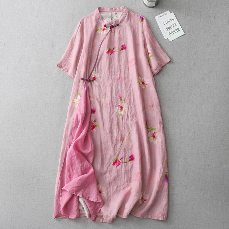 

2026 New Style Floral Cotton Linen Cheongsam Dress - Plus Size Slimming & Tummy Concealing Long Skirt Medium розовый