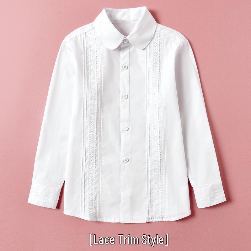 Camicia Bianca Uniforme a Maniche Lunghe in Puro Cotone per Ragazze per Esibizioni di Scuola Elementare e Media