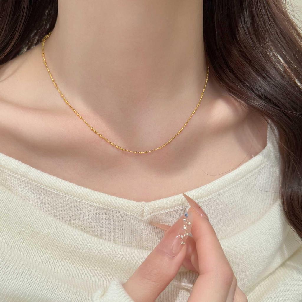 Japanese Exquisite S925 Sterling Silver Star Choker Necklace, 18K Gold-Plated, Super Shiny Faceted Bead Chain