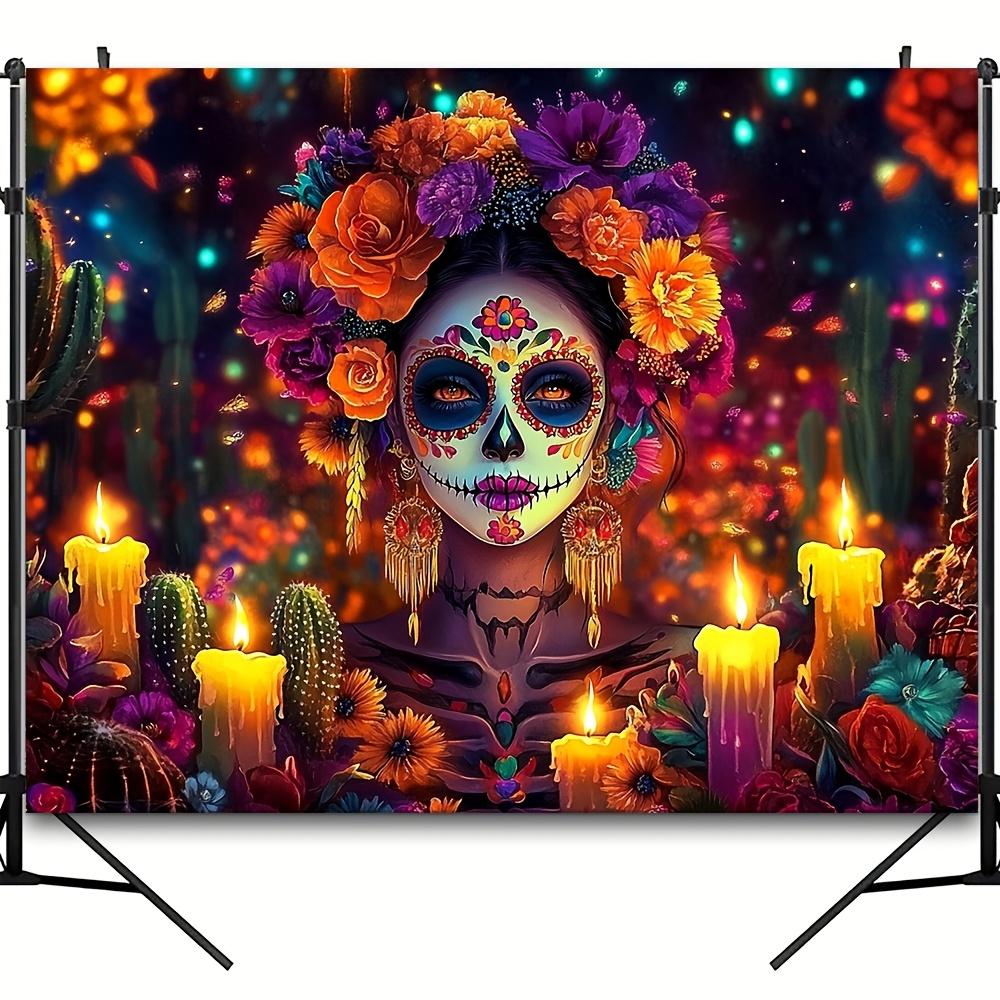 1 Vibrant Sugar Skull Backdrop Banner – Extra Large Day of the Dead Themed Party Decoration