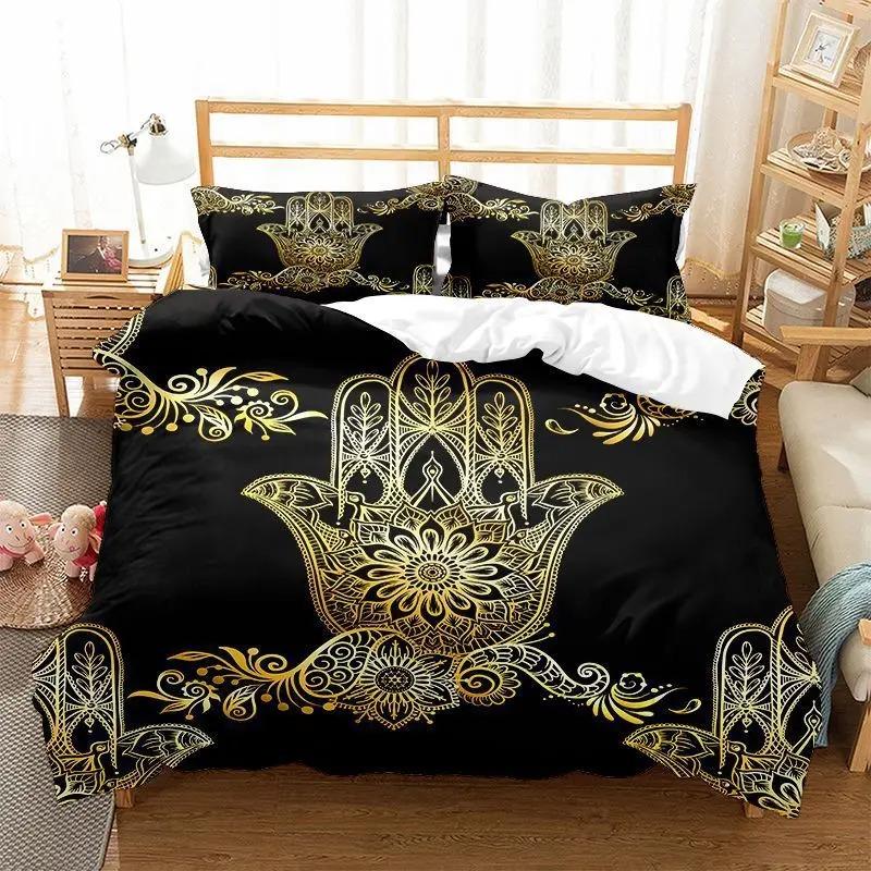 

Пододеяльник Рука Хамса Кинг Квин Бохо Черный Золотой Счастливая Рука Фатимы Постельный Комплект Хиппи Пейсли Трайбл Полиэстер Пододеяльник EU Single 135x200cm