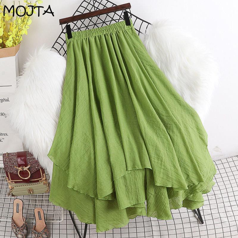 MOJTA Jupe mi-longue printemps été femme taille élastique jupe taille haute jupe trapèze
