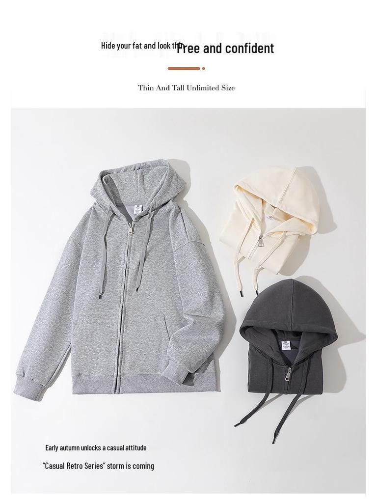 Hua Cotton Unisex Zipper Hoodie Sweatshirt - Comfortable and Loose Fit for Autumn/Winter, 320g 