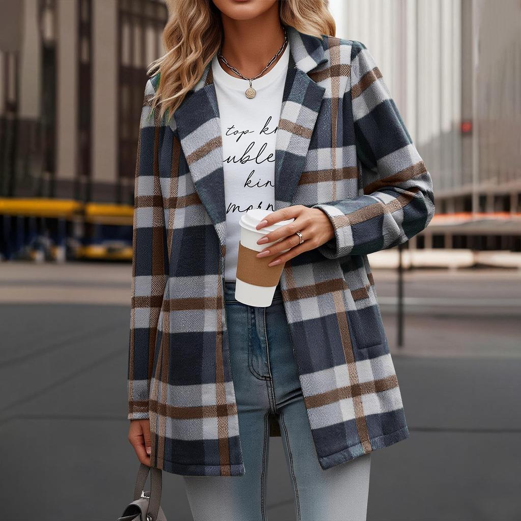 Women's Casual Fashion  Plaid Shirt Medium Woolen Coat