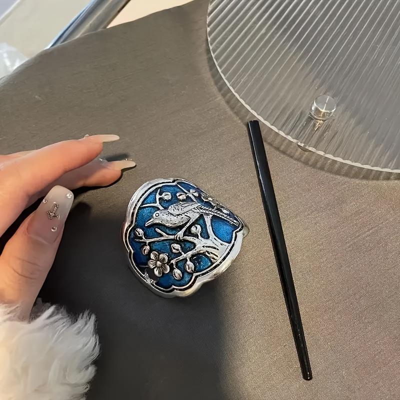 [Elegant Hairpin] Vintage Blue Enamel Hairpin - Elegant Alloy Floral Hair Accessory | For Women and Girls, Ideal for Valentine's Day, Polished Finish
