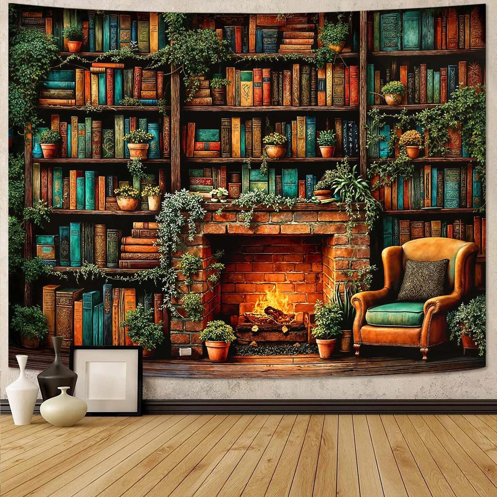 Magic Bookshelf Tapestry Gothic Witchy Potion Plant Tapestries Wall Hanging Window Moon Night Library Backdrop Small Tapestry