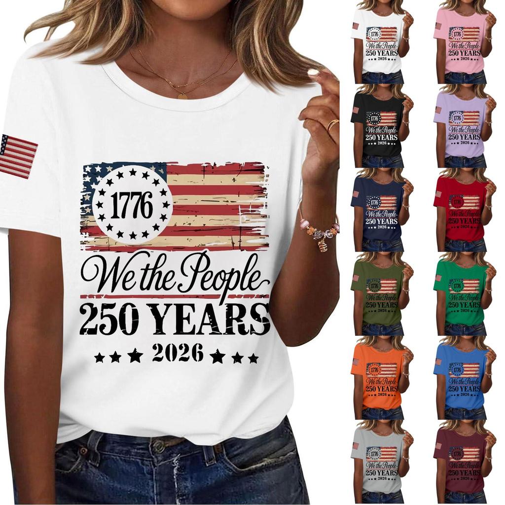 Women Casual Independence Day Print Crew Neck Short Sleeve T-Shirt Top Lightweight Comfortable Fit Stylish Design Summer Wear