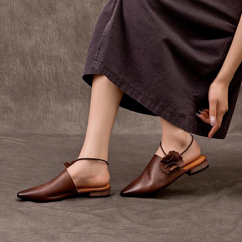 Women's New Spring/Summer Pointed Silk Cowhide Leather Embroidered Middle Heel Large Headed Muller Slippers
