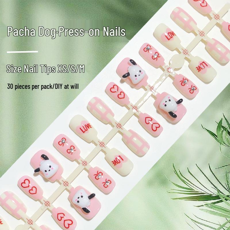 

Cute Pink Plaid Bow Dog Press-On Nails - Cartoon Design, 30 Pieces