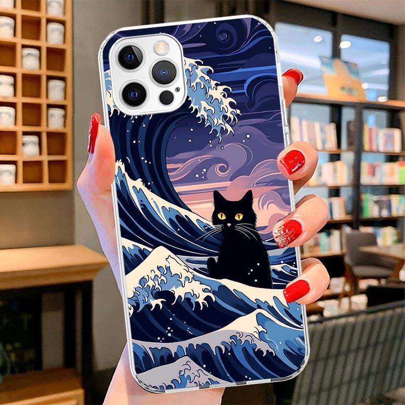 Anime Cat Sea Wave Aesthetic Cover Phone Case For iPhone 16 17 Air 15 14 Pro Max 16E Phone Case 13 Mini 12 11 7 SE 8 Print Patte
