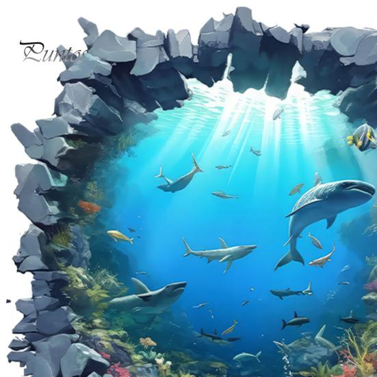 Easy Install Wall Art for Bedroom Underwater Shark Sticker, Realistic 3D Ocean View Decal, Waterproof Large Perspective Stickers PVC Mural Living Room