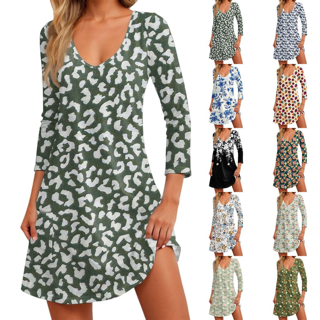 Women's Fashion Casual V-Neck Floral Print Pocket Three-quarter Sleeve Dress