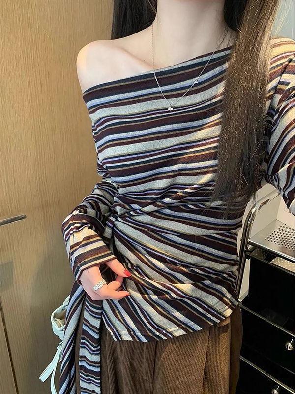 Chic Off-Shoulder Striped Tie-Up Asymmetrical Long-Sleeve T-Shirt for Women