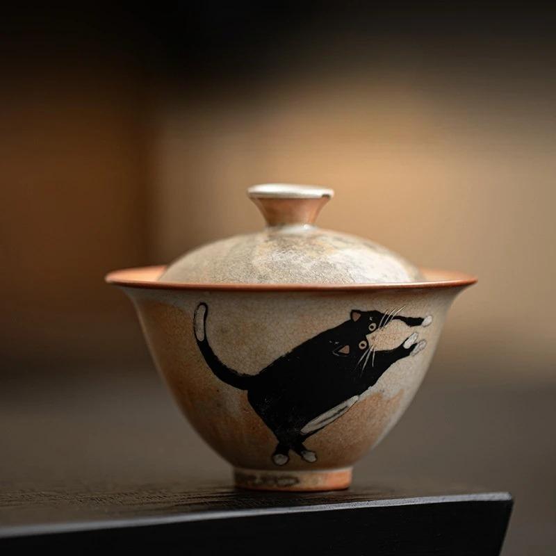 

130 мл Винтажный Милый Фарфоровый Набор Гайвань Zhi Ye Cat для Чая Чайница Чашка Чайная Посуда Китайские Расписные Чаши Чаван Набор для Чайной Церемонии 130ml