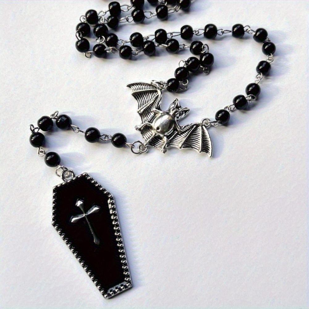 1pc Gothic Y2K Style Beaded Necklace with Bat & Red Cross Pendant - Black Beads, Copper Accents, Perfect for Parties, Graduations, and Travel, Gothic