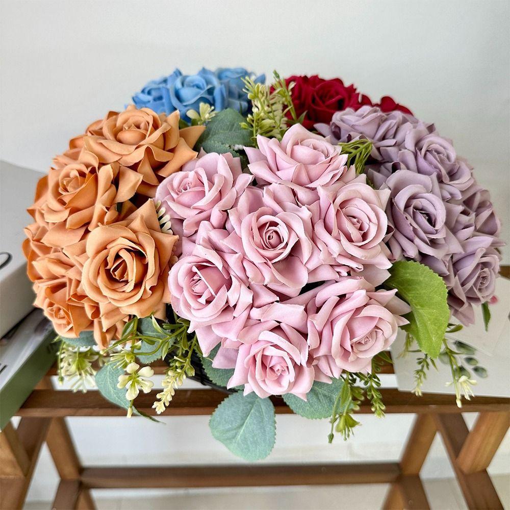 Mehrfarbige Lebensechte Blumen 7 Köpfe Blumenstrauß NEU Künstliche Rosenblume Heimdekoration