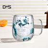 250ml Double Walled Glass Mug Clear Floral Wide Mouth Cup with Handle Insulated Coffee Tumbler for Coffee Tea Chocolates