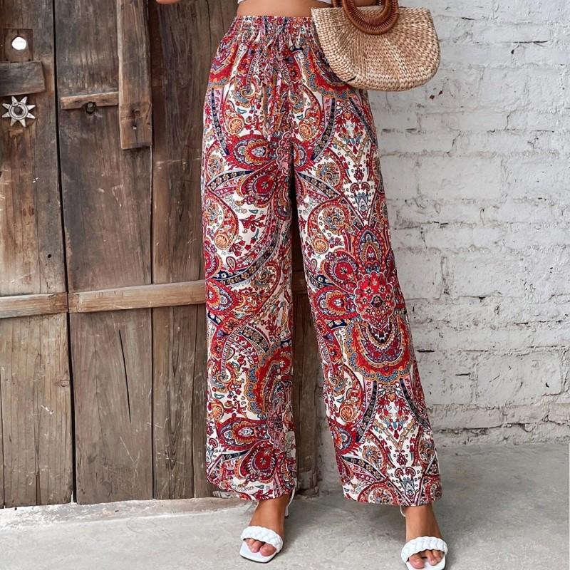 Comfortable Women's Pants Versatile Elastic Waist Wide Leg Pants Fashionable Printed Casual Pants