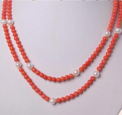 Long 33" 6mm Pink Round Natural Coral Round White Pearls Necklace