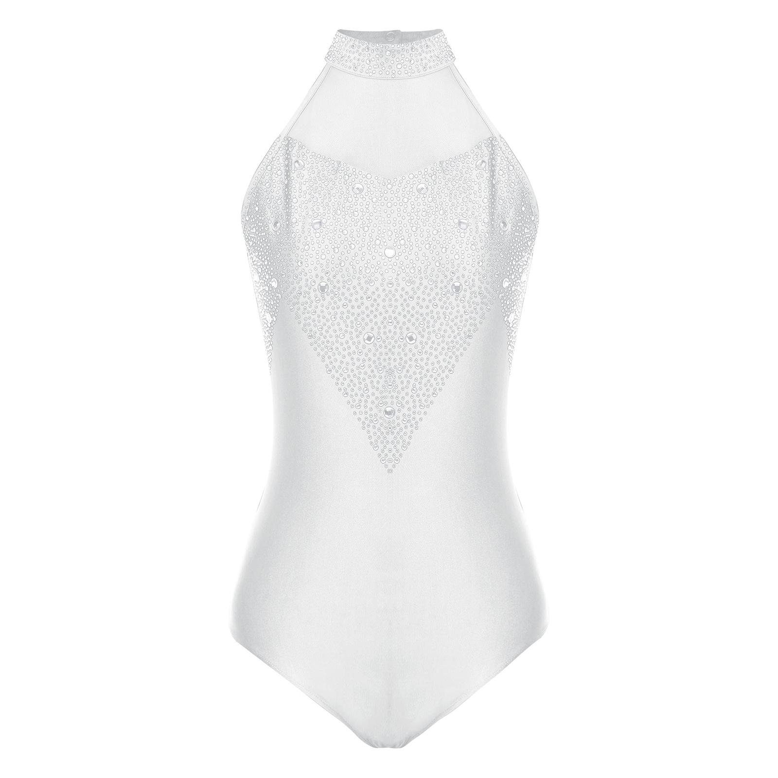 

Жіночий ліричний танцювальний купальник із прозорою сіткою, рюшами та драпіруванням, вирізом на спині, макетом горловини, безрукавним боді зі стразами S білий
