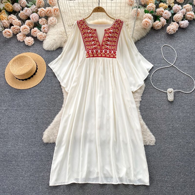 

Women s Clothing Plus Size Ladies Ethnic Style Retro Slimming Dress Beige White All yards