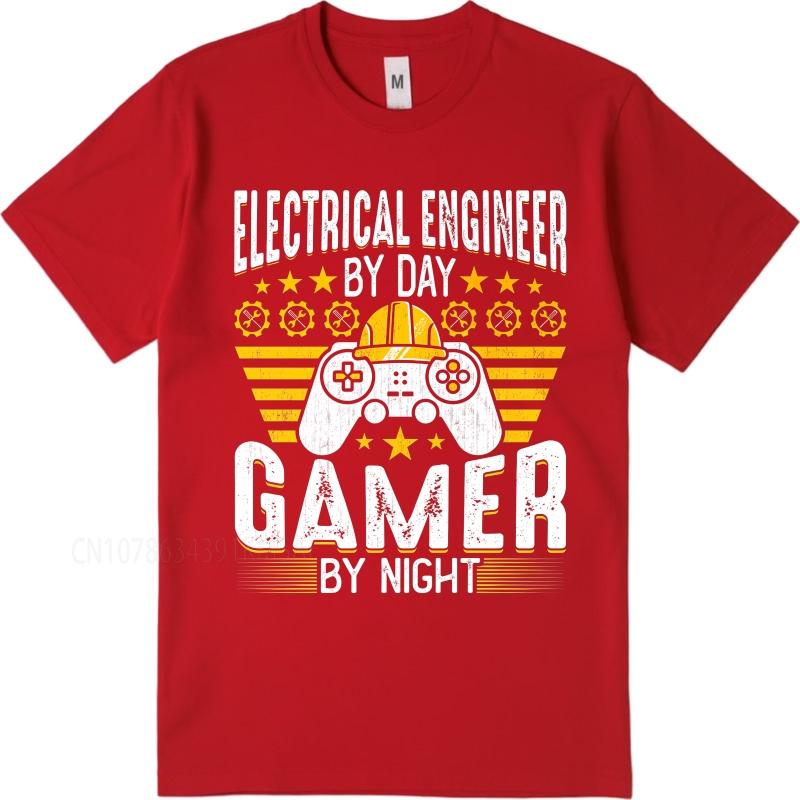 Vintage summer Unisex t shirt Electrical Engineer By Day Gamer By Night Short Sleeve Soft Round Neck Teeshirt cotton men top S