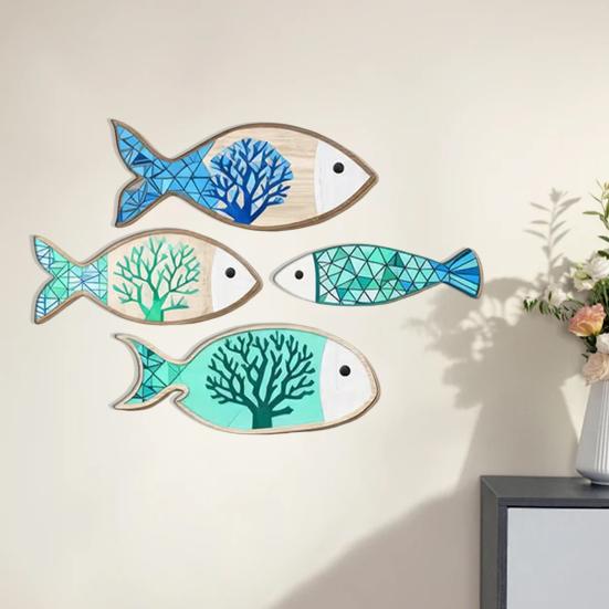 4Pcs/Set Wooden Fish Coastal Wall Art, Handcrafted Fish Wall Decoration, Rustic Nautical Fish Wall Sculpture for Living Room, Lake House, Bathroom