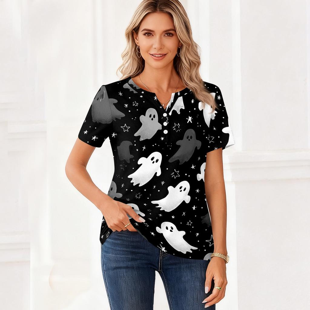 Women's Casual Halloween Print V Neck Short Sleeve Button Front Top Lightweight Comfortable Fit
