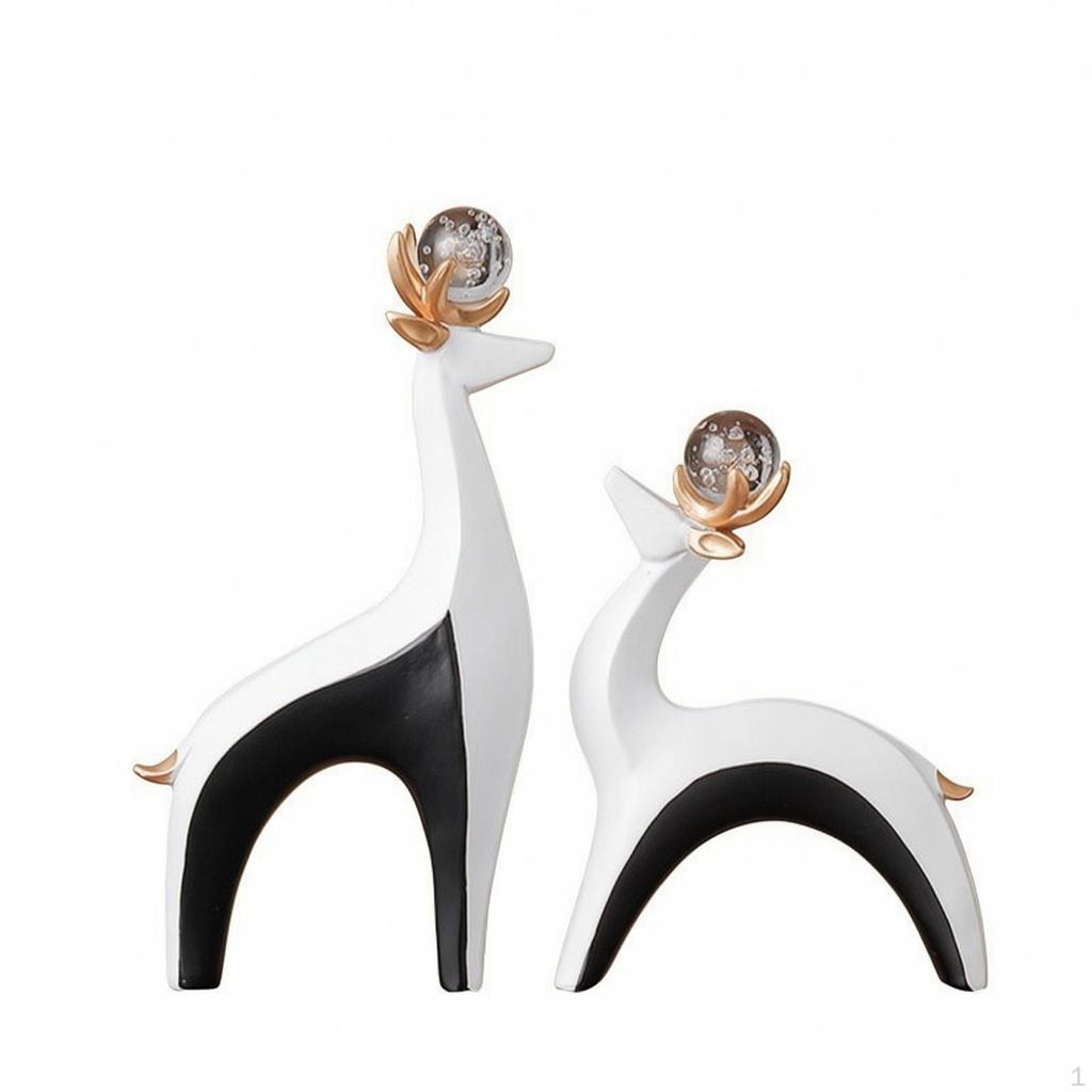 2 Pieces Elegant Resin Deer Figurines | Smooth Carved Body, Ornaments with Crystal Balls, for