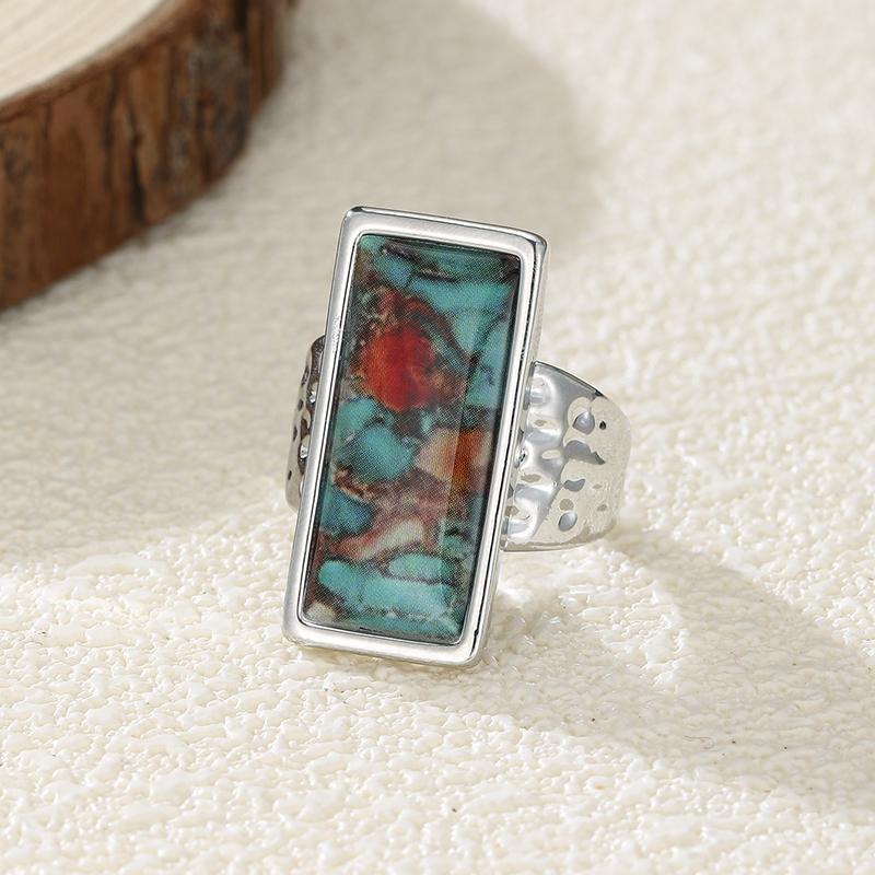 

Vintage Ethnic Style Square Patterned Imitation Turquoise Ring, Women s Bohemian Personalized Zircon Accessory 6