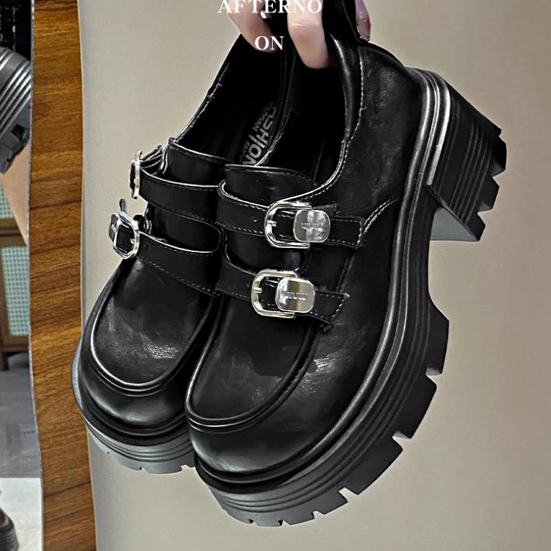 Spring and Autumn New Women's Casual Shoes Solid Color Buckle Medium Heel Shoes PU Upper Outdoor Fashionable Retro Zapatos Mujer