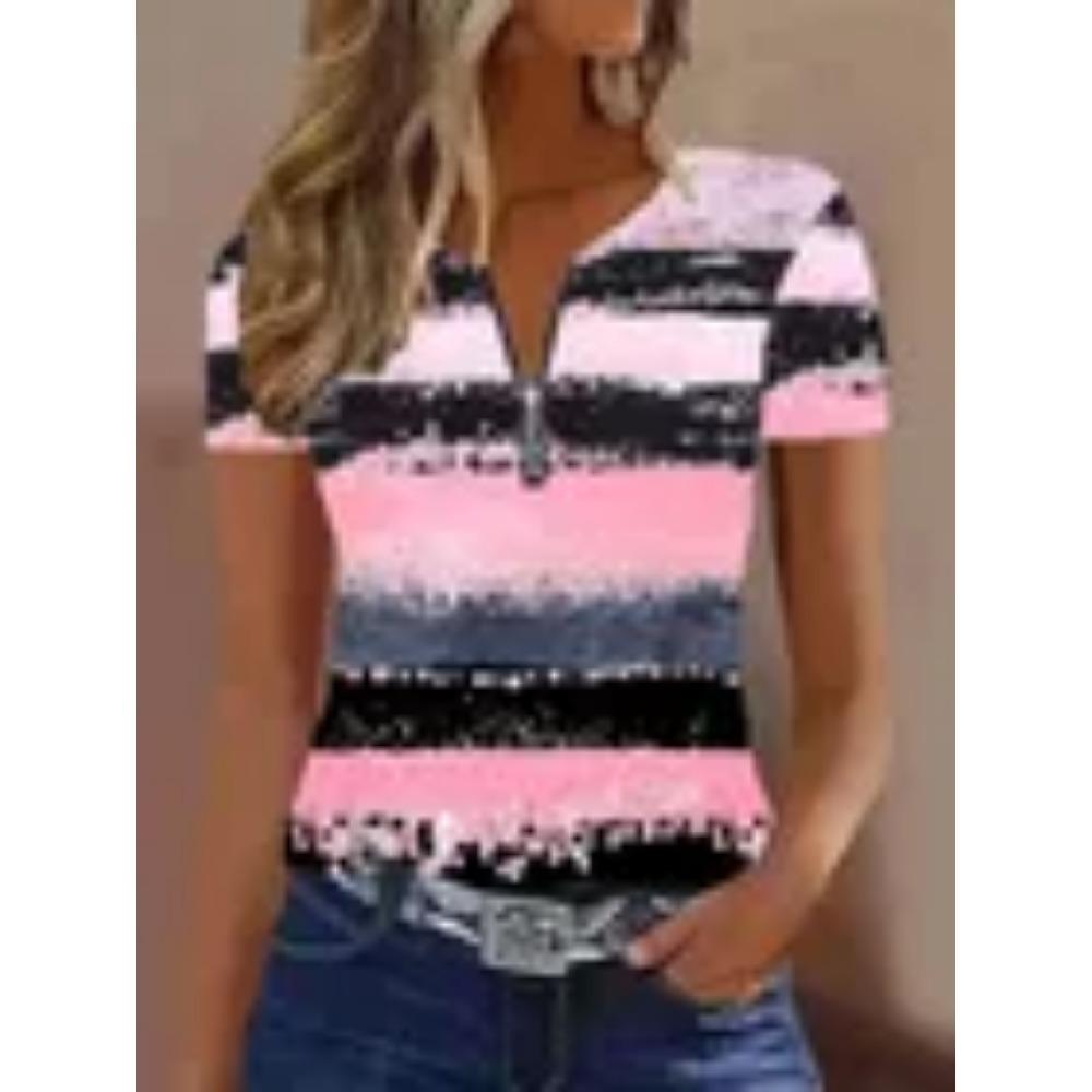 Women's Polo Shirt with Fashionable Zipper and Geometric Design, Summer Loose Short Sleeved T-shirt