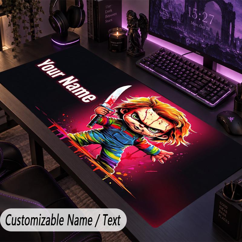 Custom Text Big Mousepad, Extended Desk Pad For Laptop Work GameChild's Play Chucky Tiffany