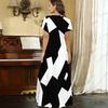 Women Plus Size V Neck Short Sleeve Black White Printed Straight Long Dress