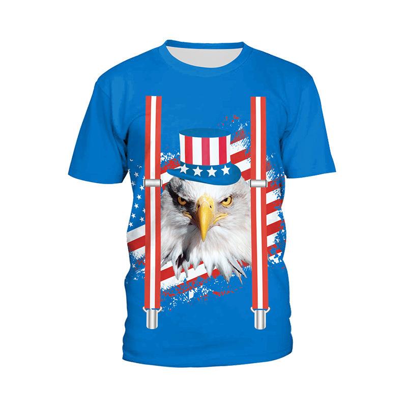 Summer Round Neck 3D American Flag and Animal Graphic Print T-shirts Fashionable Casual Short Sleeved Men's T-shirts