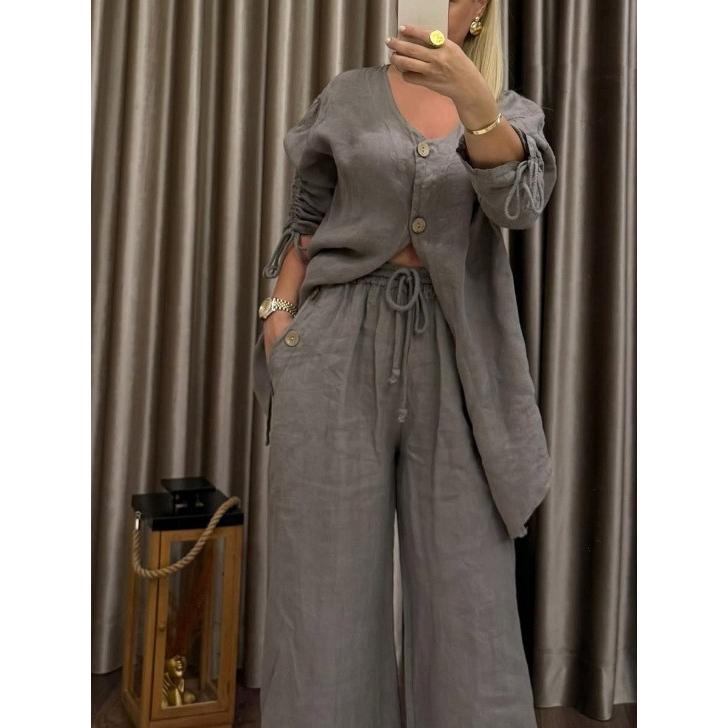 Cotton Linen Irregular Button Shirt Set Women Spring Autumn Casual Loose Retro V-Neck Cardigan + Wide-leg Long Pants 2piece Set