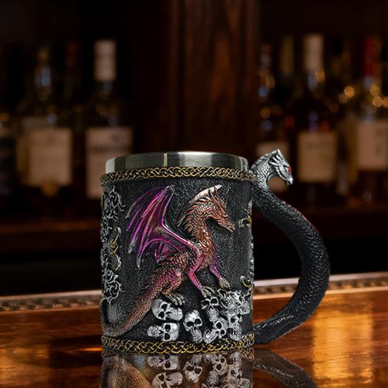 Cup Mug 420ml Large Capacity Dragon-Shaped Coffee Mug with 304 Stainless Steel Inner Tank Resin Exterior Medieval Themed Drinkware