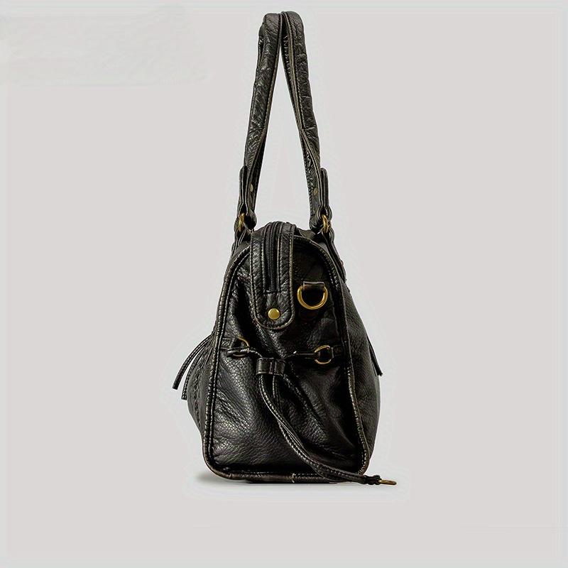 Women's Fashi Vintage Washed Soft Leather Tote Bag Large Capacity Commuter Multi-Pocket Shoulder Messenger Bag