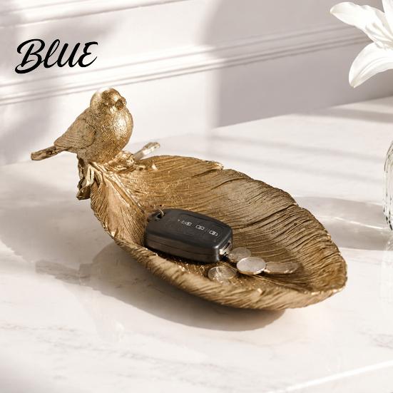 Decorative Entrance Tray Elegant Bird Leaf Shaped Trinket Dish Resin Jewelry Tray Vintage Gold Ring Unique Feather Ornament Holder for Nightstand