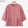 ZANZEA Women Casual Round Neck 3/4 Sleeve Loose Cotton Blouse