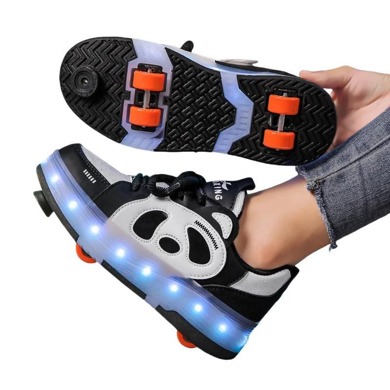Kid Sneakers Luminous Removeable 4 Wheels Roller Skates USB Charge Wing Panda Sport Casual Skateboard Shoes Girls Boys Skates