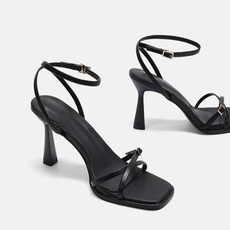 Mode Stiletto Sandalen Sommer Neu Quadratischer Kopf Weiche Sohle Metallschnalle Riemen hinten Rutschfest Verschleißfest Hohe Absätze