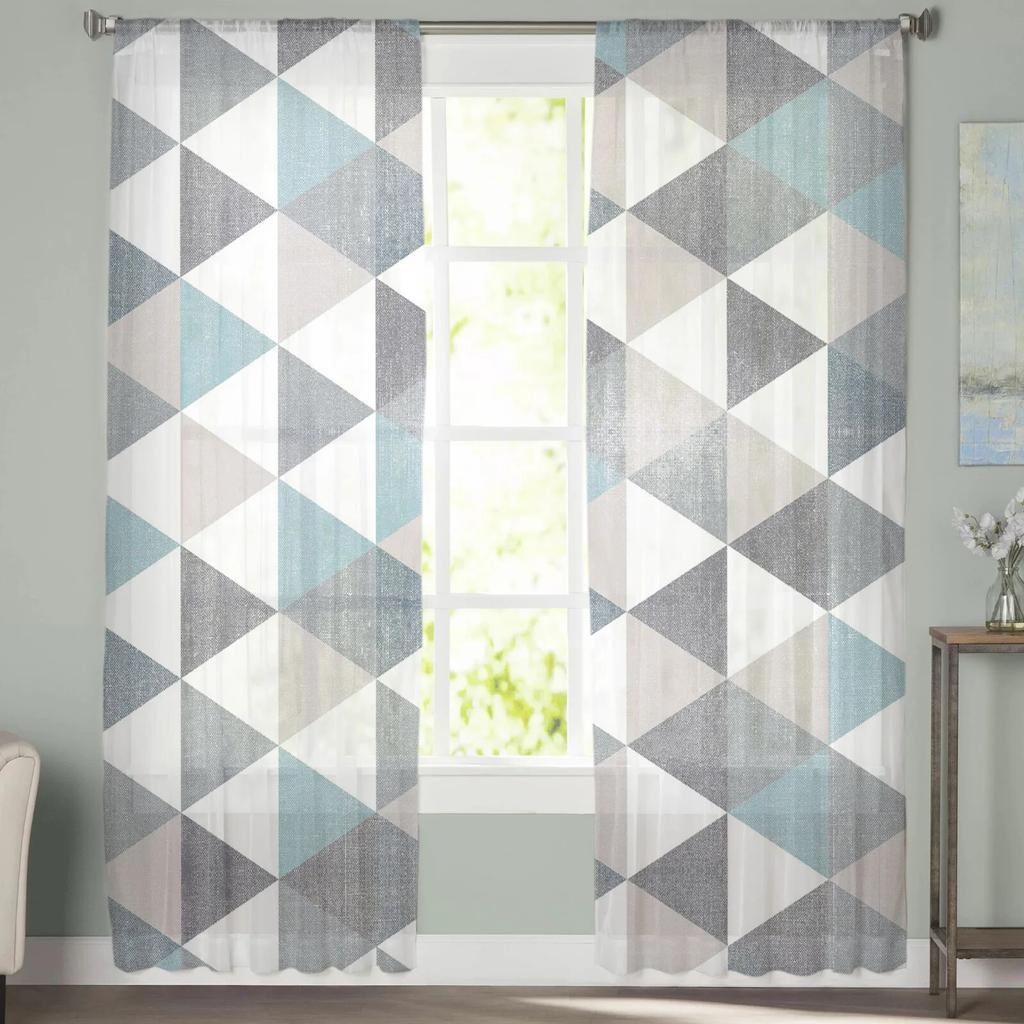 Rhombus Lattice Retro Tulle Curtains Living Room Kitchen Chiffon Curtain Bedroom Balcony Sheer Curtain Fashion Home Decor