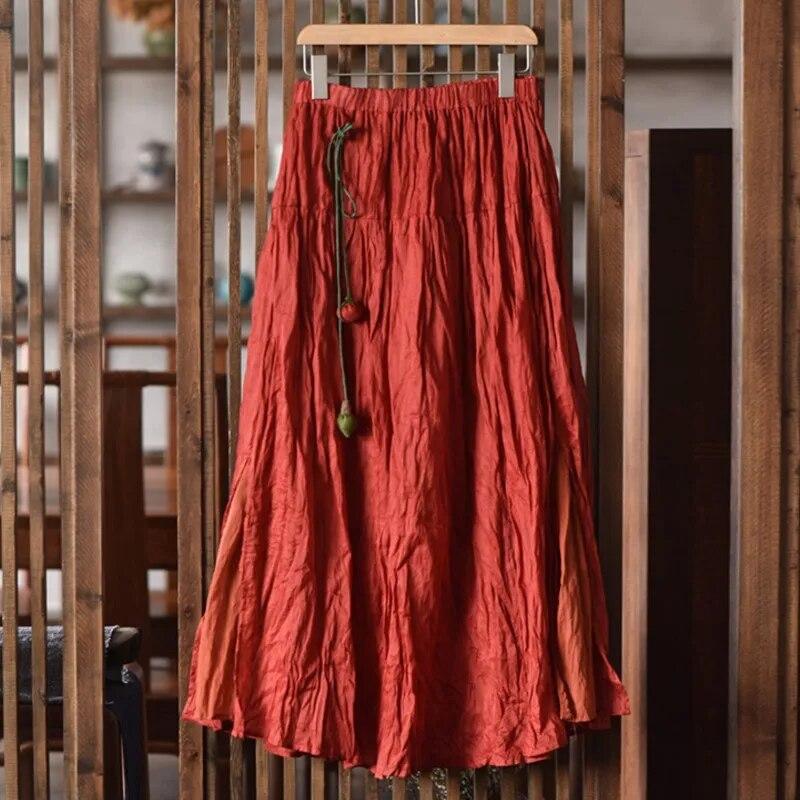 Johnature Women Vintage Skirts Elastic Waist Solid Color Clothes Spring Loose Patchwork Women Casual A-Line Skirts