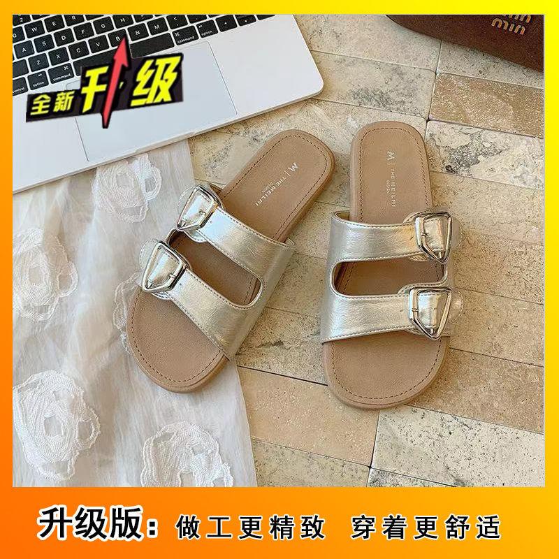 2025 summer double-breasted slippers women's flat-bottomed versatile casual outer wear lazy Boken one-word cool slippers explosion