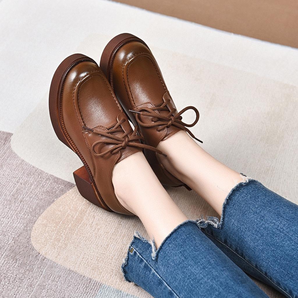 Platform shoes women's spring new first-layer cowhide round head low-top single shoes muffin casual shoes lace-up