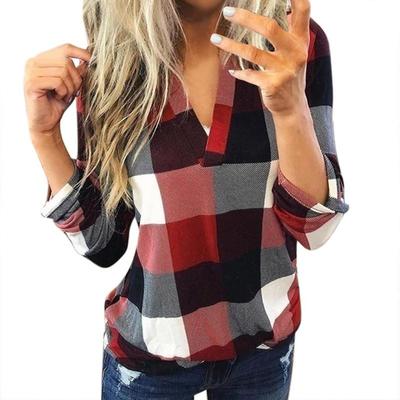Women's V Neck Plaid Print Casual Long Sleeve Shirt